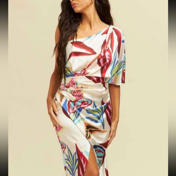NWT! Luxxel Satin Faux Wrap Tropical Floral One Shoulder Midi Dress - Size S - Picture 4 of 7